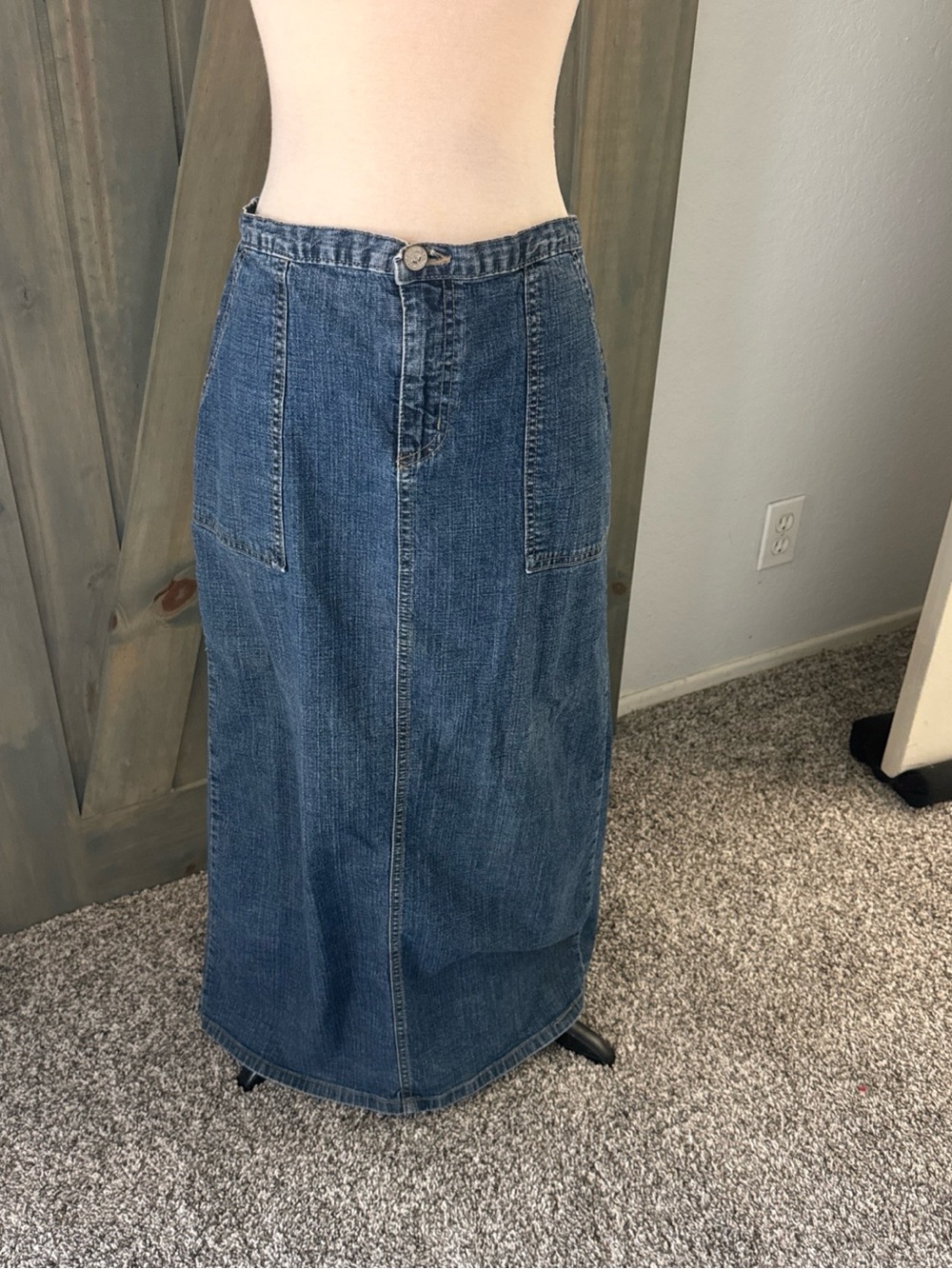 Y2K Denim Jean Maxi Skirt Size M 90s Grunge Long Stretch Band Pockets